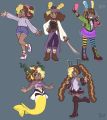 Alternate costumes for Lorelai drawn by Bo Hello during the Prison of Plastic - CAST LIVESTREAM!. (Left to right, top row: Casual Lori, Pirate Lori, and Scenecore Lori. Bottom row: Rabbitfish Mermaid Lori and Hatsune Miku Lori) [2]