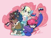 The Neo Trio with their pride flags. Molly is ace, Feenie is bi, and Trixie is nonbinary.